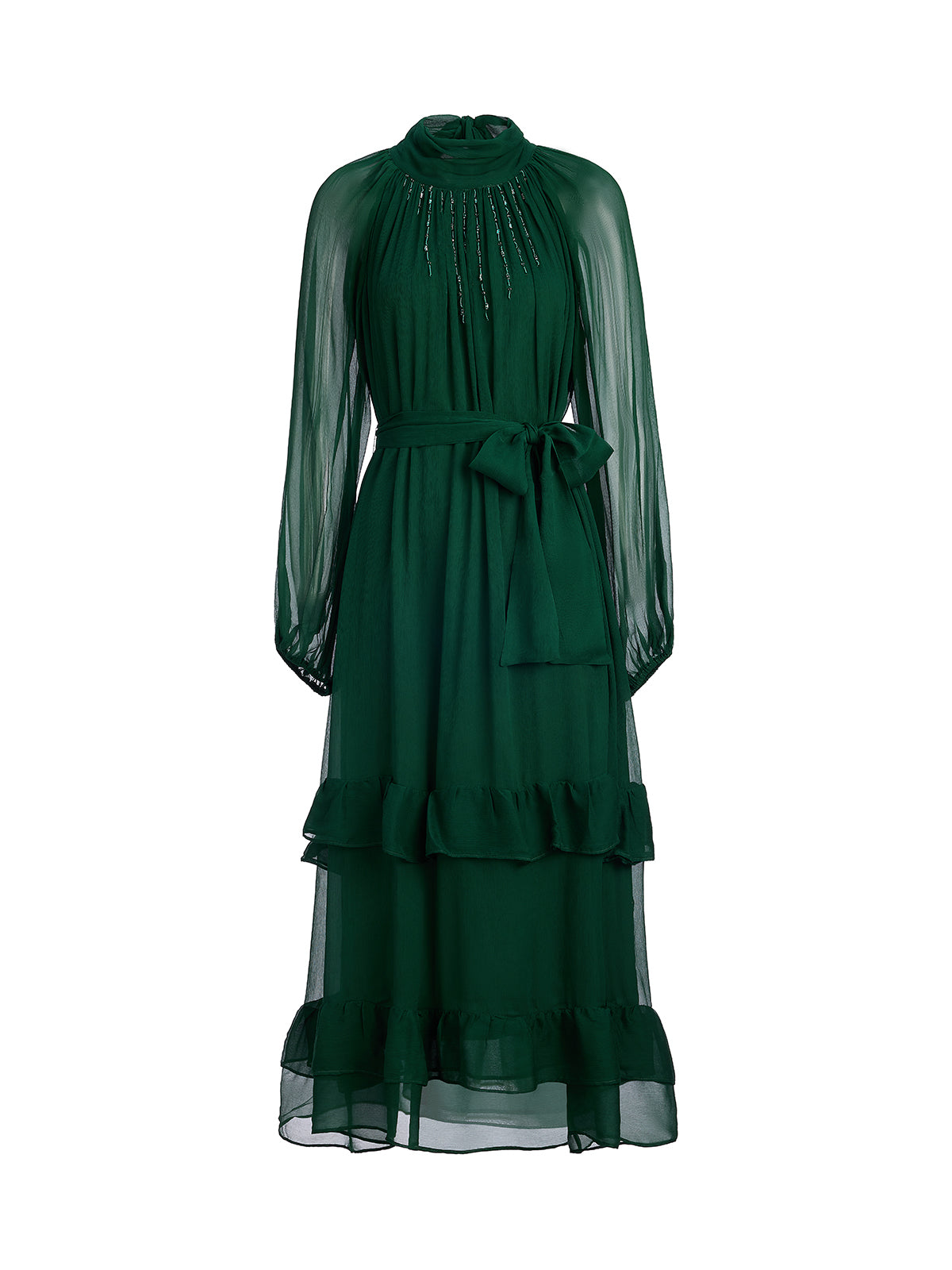 Silk Beaded Tie-Neck Dress（Waist Tie Included）