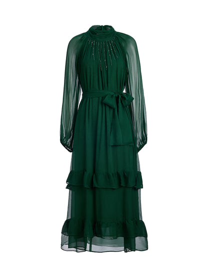 Silk Beaded Tie-Neck Dress（Waist Tie Included）