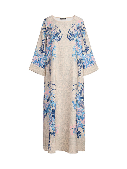 Floral Print Hand-Beaded Round-Neck Dress