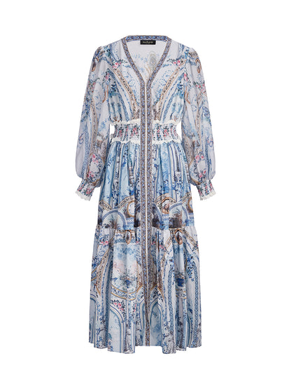 Printed Rhinestone Smocked Waist Dress