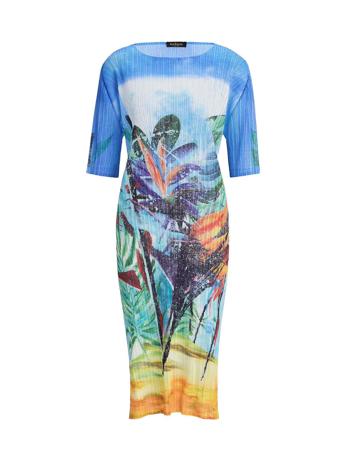 Hand Pleated All-over Watercolor Print Textured Draped Dress
