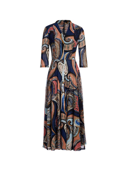 Stretch Mesh Retro Paisley Print High-waist A-line Dress