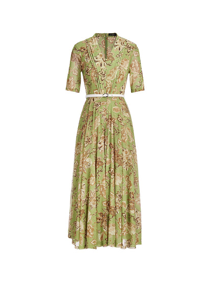 Stretch Print V-neck Pleated Belted Flare Dress (Belt Included)