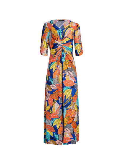 Ice-Silk Knit Tropical Leaf Print Three-Quarter Sleeve Dress