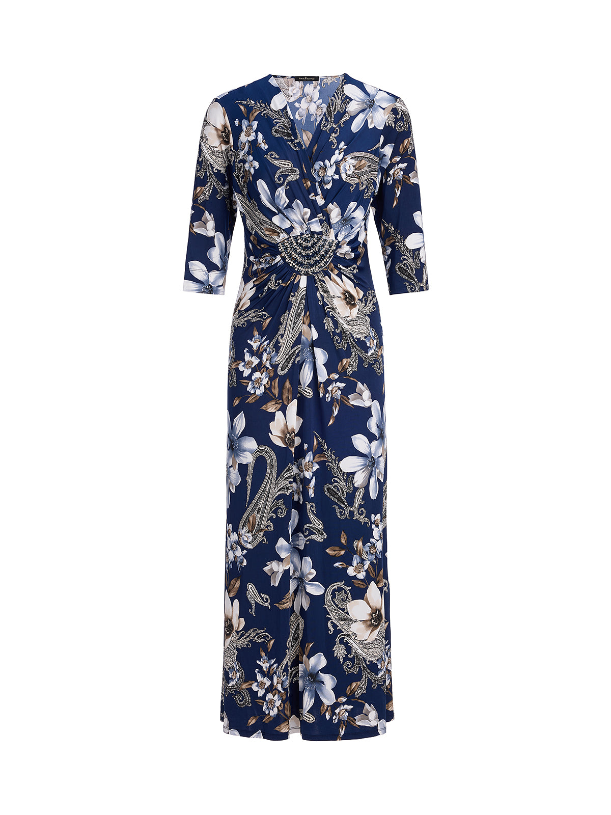 Ice-Silk Knit Beaded-Waist Floral Paisley Dress