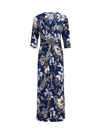 Ice-Silk Knit Beaded-Waist Floral Paisley Dress