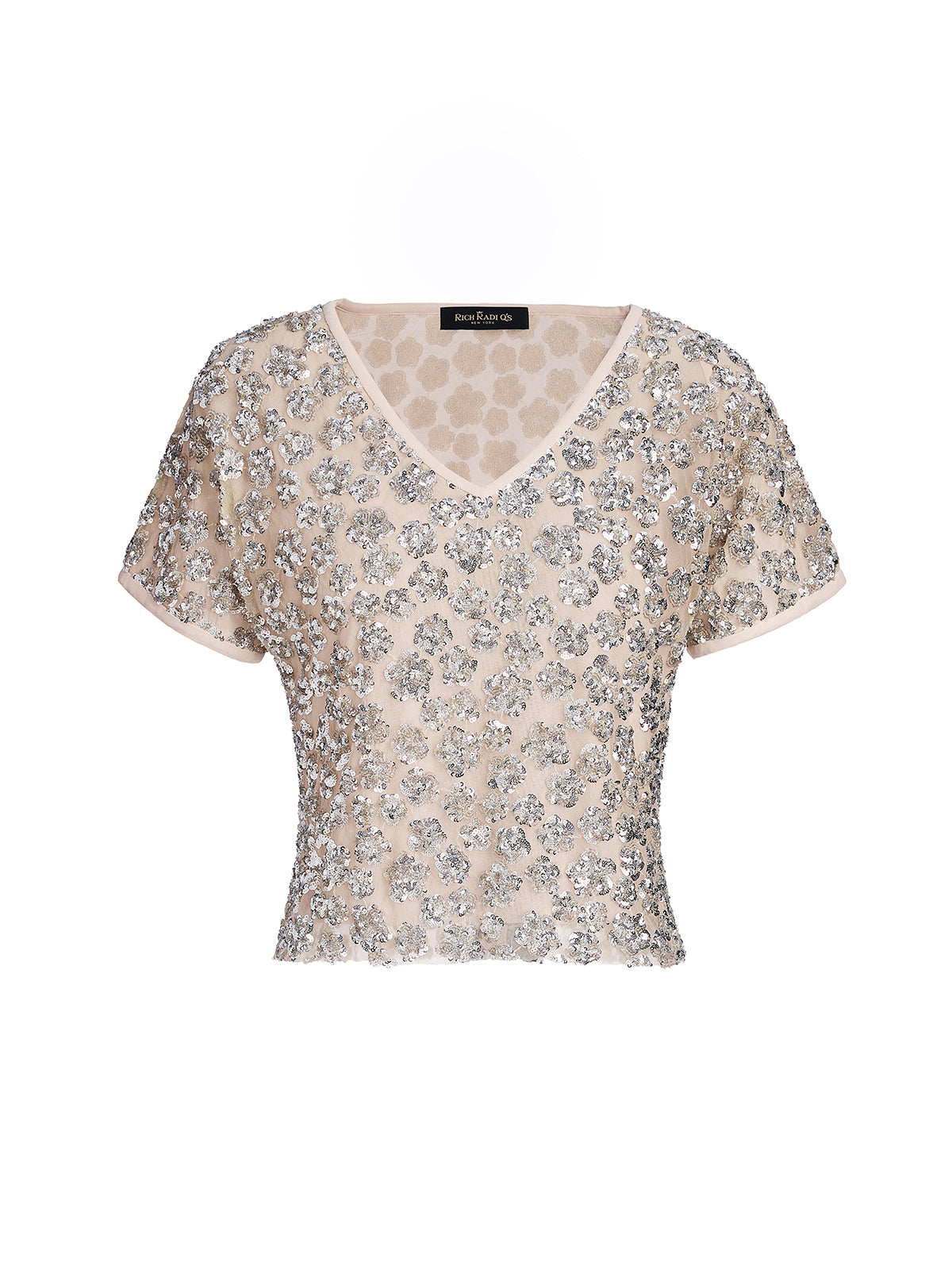 Hand Embellished Sequin V-neck Mesh Top