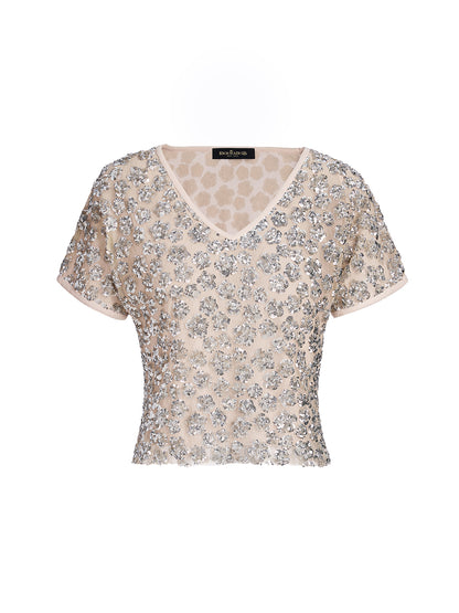Hand Embellished Sequin V-neck Mesh Top