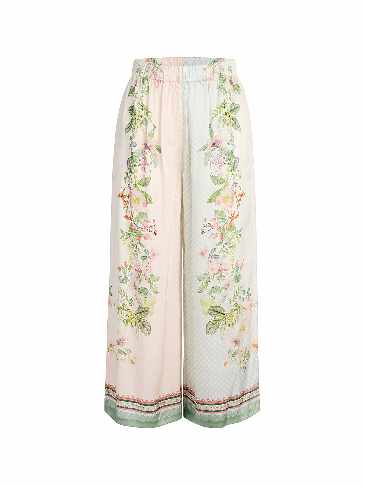 100% Silk Vintage Print Elastic Waist Cropped Wide-Leg Pants