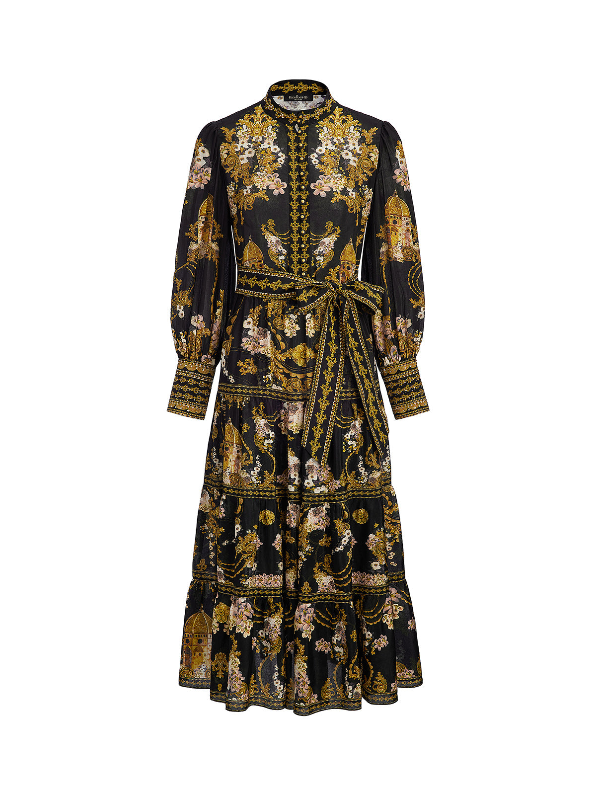 100% Silk Architectural Floral Print Tiered Dress