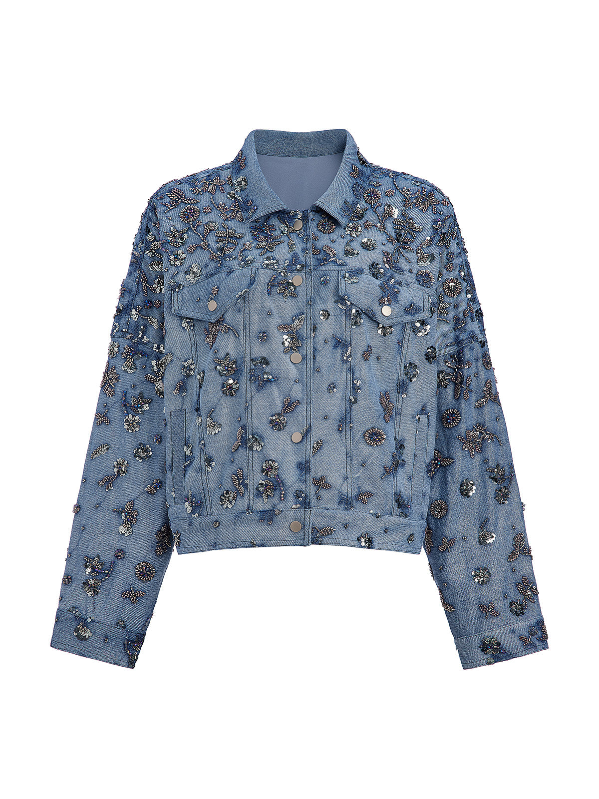 Washed Denim Floral Beaded Sequin Jacket