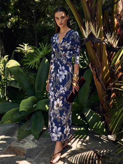 Ice-Silk Knit Beaded-Waist Floral Paisley Dress