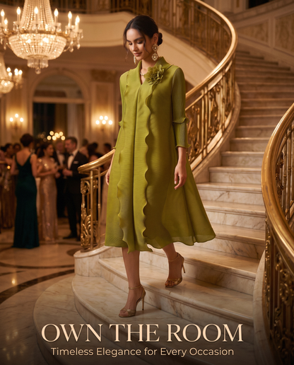 Ruffle Pleated Floral Brooch 3/4-Sleeve Gown