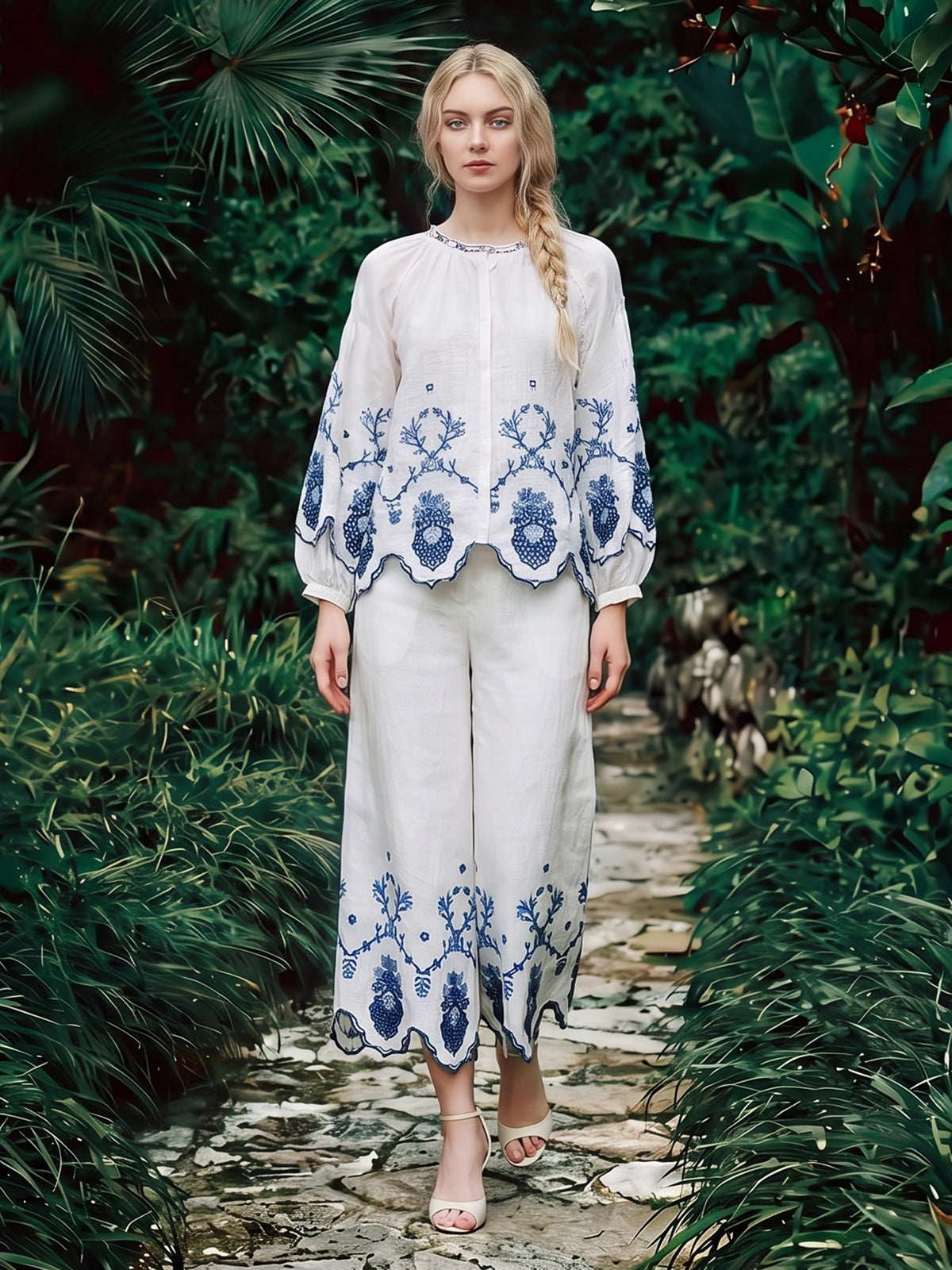 Linen Embroidered Cutwork Balloon Sleeve Top
