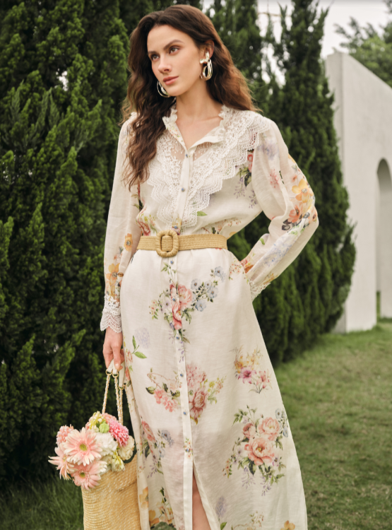 Silk-Linen Printed Lace-Trim Dress (Slip & Belt Included)